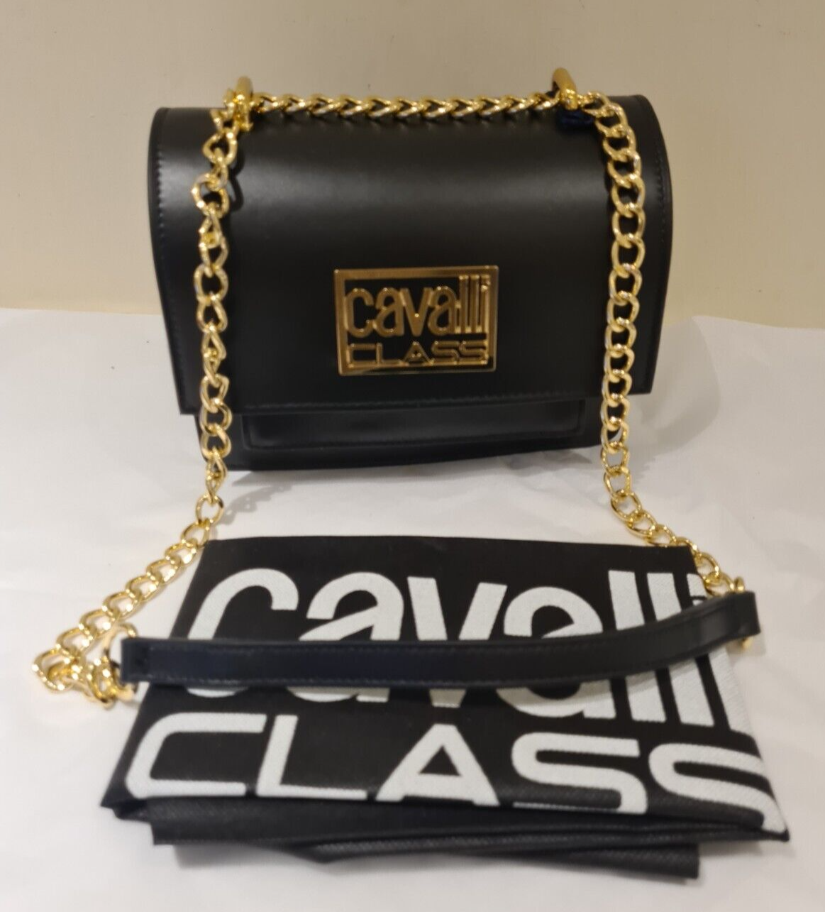 Roberto Cavalli Class Shoulder Bag ROMA black calf leather with Chain Strap New