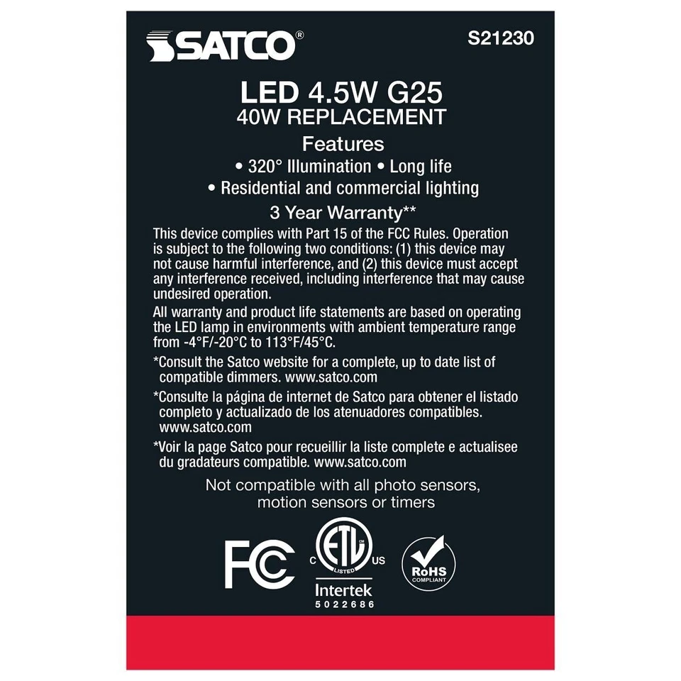 SATCO S21230- 4.5 Watt G25 LED Candelabra Bulb - 2700K - 120 Volts (6 Pack) - Image 4 of 4