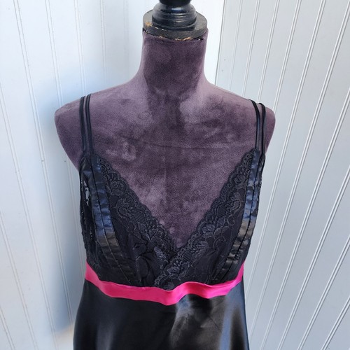 Cacique Black & Pink Lace Mesh Sheer Babydoll Teddy Nightie Satin Sz 14/ 16 - Picture 4 of 13