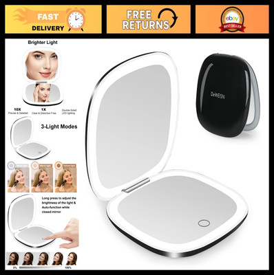 Lighted Travel Makeup Mirror - 1X/10X Magnifying, Dimmable, USB Rechargeable, Co