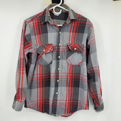 Vintage Five Brother Flannel Shirt Mens Medium Grey Red Plaid Made in USA Grunge