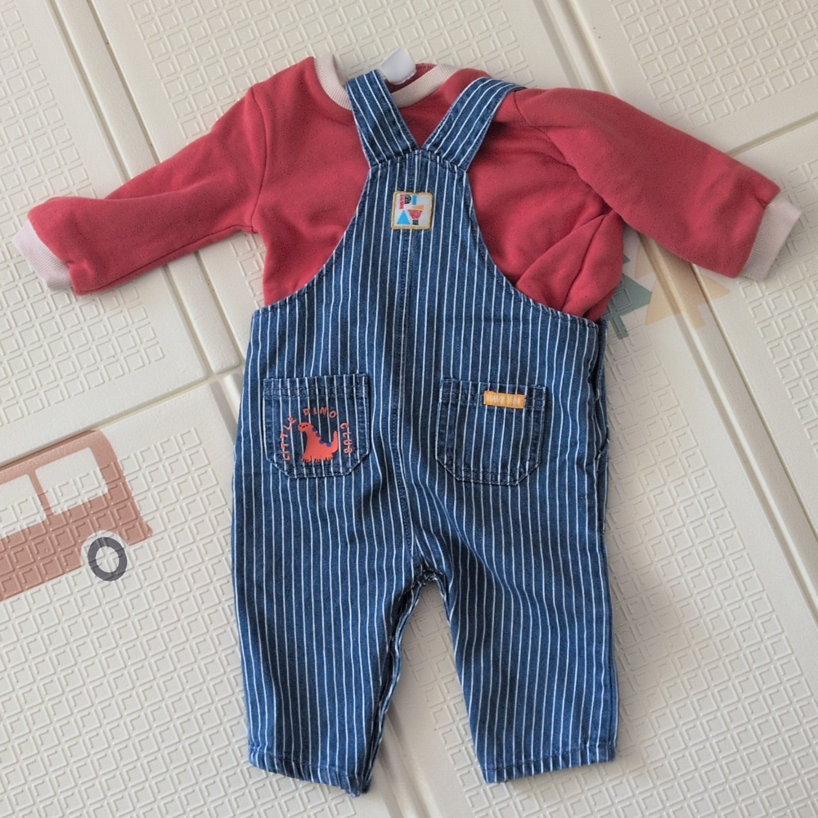 NEXT 6-9M 2pc Dungarees Set Blue Stripe Denim Lion/Sun Emb LS Top image 2