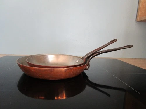 2 Antique Tinned Copper Stoves Wrought Iron Handle