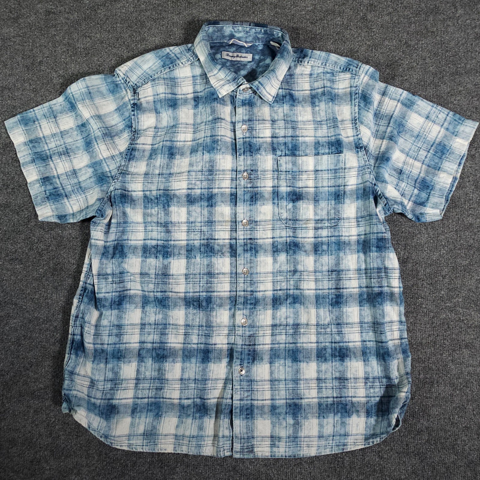 Mens Tommy Bahama Plaid Button Up Short Sleeve Shirt Blue WhiteMens XL