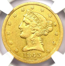 1843-D Liberty Gold Half Eagle $5 - NGC AU Details - Rare Dahlonega Gold Coin!