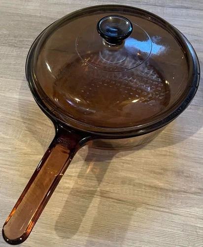 Vintage Pyrex Vision Corning Ware Amber 10” Glass Skillet With Lid
