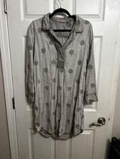 Soft Surroundings M Paisley Park Tunic Dress Chambray Feather Embroidered Gray