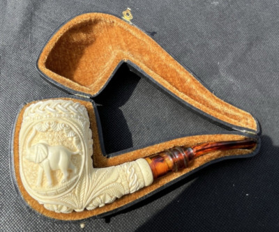 Vintage Sevket geschnitzte Block Meerschaumpfeife Elefanten unbenutzt p18
