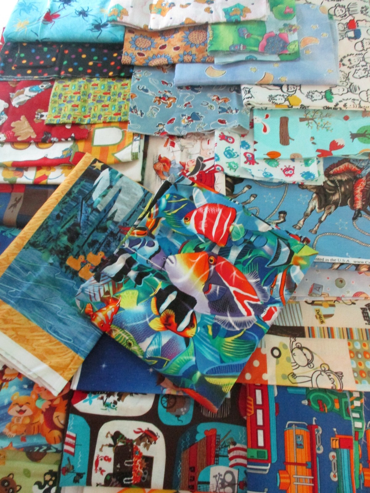 Cotton Fabric Huge Lot Boy Kiddie Prints Scraps to Yardage Novelty