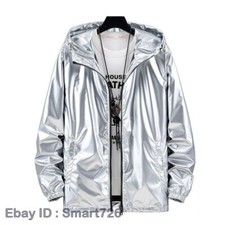 Men Iridescent Shiny Jacket Hooded Coat Holographic Harajuku Fashion Top Casual