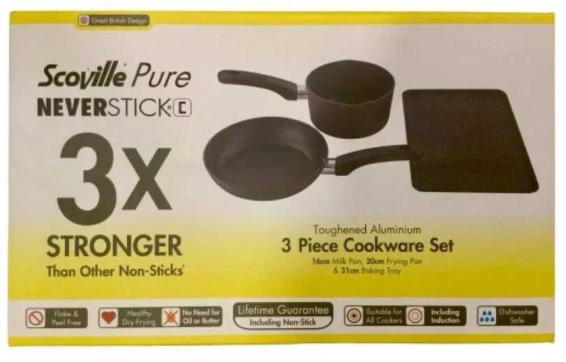 SCOVILLE Pure Neverstick 3 Piece Cookware Set - Milkpan, Frying Pan, Baking Tray