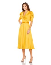  MAC DUGGAL SATIN LAPEL PUFF SLEEVE TEA LENGTH DRESS $358