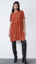 Zara Dress Size Medium Orange Wrinkle Look Dress Terra Cotta Short Sleeve