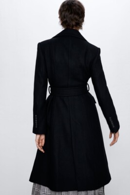 Zara Manteco Women Belted Wool Double Breasted Coat Black 2006/744