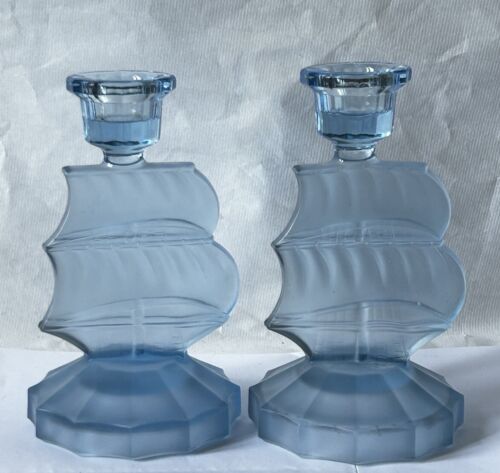 art deco blue frosted glass Ship Candlesticks not a pair