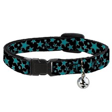 Cat Collar Breakaway with Bell Multi Stars Black/Turquoise NARROW Fits 8.5-12"