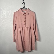 Available Women's Pink Dress Corduroy Half Button Collared Long Sleeve Mini Sz L