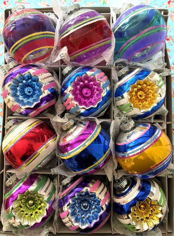 12 Radko JUMBO Double FLOWER INDENTS Unsilvered & Silver Balls Ornament 3.5" NEW