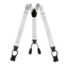 Mens White  Black Button Suspenders Tuxedo Braces Leather Soft Elastic