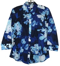Foxcroft Blouse Shirt Top Womens Size 6 Button Down Blue Floral