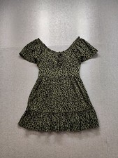 Miami Women Mini Dress M Green Animal Print Off The Shoulder A Line Mini Boho