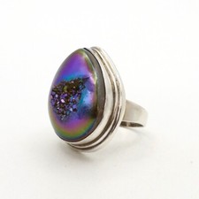 Sterling Silver Rainbow Druzy Quartz Teardrop Ring Geode sz7