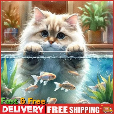 5D Zum Selbermachen Vollrunder Bohrer Diamond Painting Katze und Fisch Kit Wohndeko 30x30cm