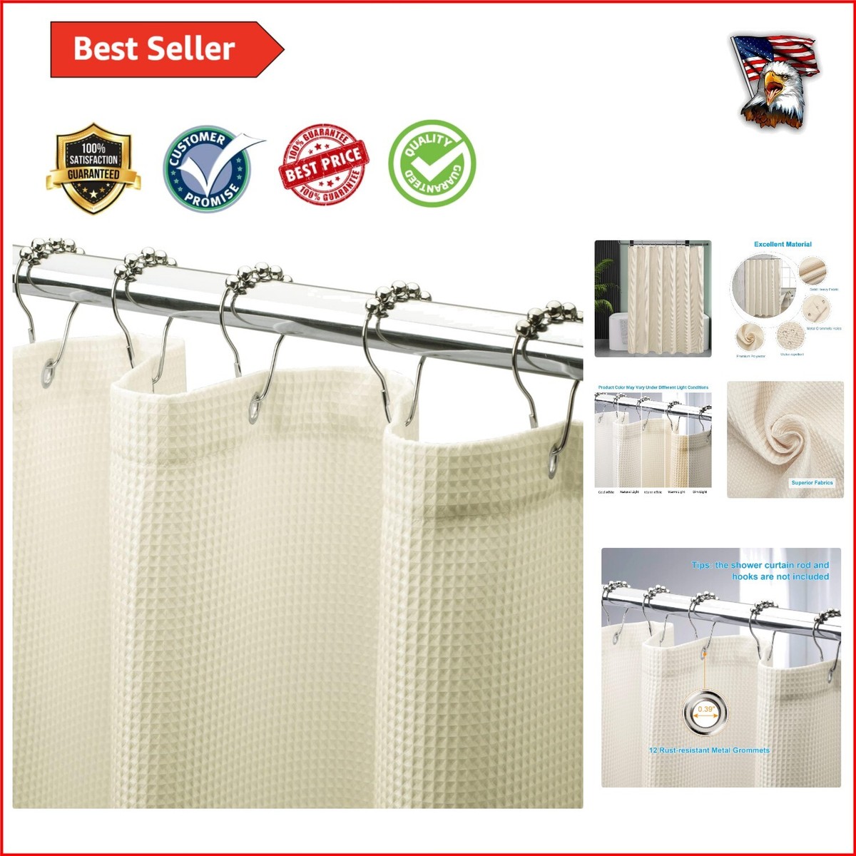 Elegant 72x84" Waffle Shower Curtain - Cream Yellow, Machine 