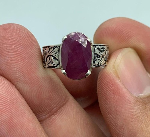 Mens Real Ruby Ring Sterling Silver 925 Yaqoot Engraved Ring Man Natural Ruby - Picture 4 of 4