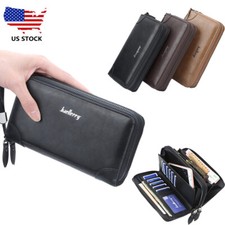 Man's Leather Wallet Foldable Zip Clutch Bag Credit Card Holder Purse With Strap