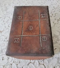 Antique Vintage Western Cowboy Tic-Tac-Toe Game Tooled Leather Box 4.5"T×7"L