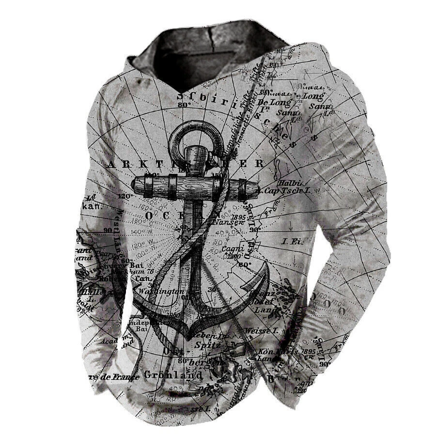 Men Hoodie T Shirt Hooded Black Gray Nautical Anchor Sweatshirt LightWeight Soft