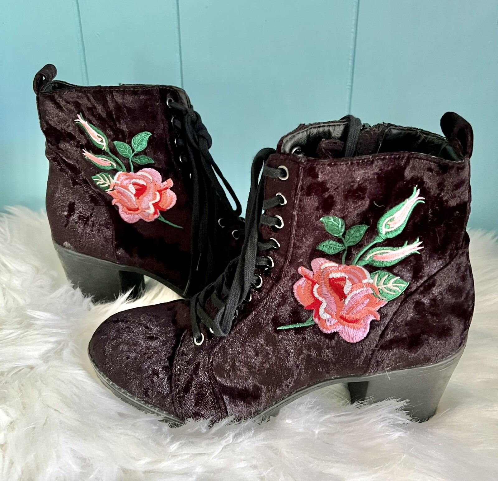 Black Floral Crushed Velvet Ankle Boots 