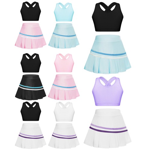 Kids Girls Crop Top With Skirt Cross Back Activewear Summer Sportswear Set Mini - Picture 3 of 83