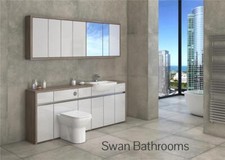 DRIFTWOOD / LIGHT GREY GLOSS BATHROOM FITTED FURNITURE WITH WALL UNITS 2100MM