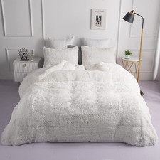 chovy Faux Fur Plush White Comforter Sets King - Ultra Soft Shaggy Flannel Ve...