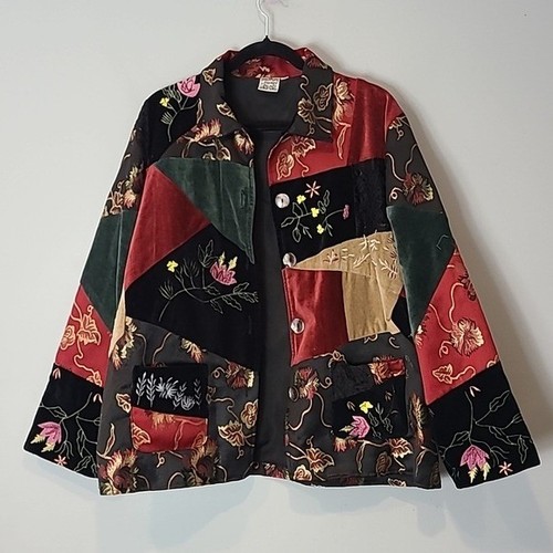 Vintage Petersilie & Salbei Patchwork Samt Spitze Jaquard Jacke Large Boho Herbst Goth
