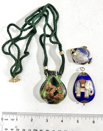 Vintage Cloisonné Enamel Pendants, Miniature Vase Fish Elephant Costume Jewelry