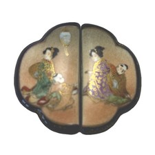Antico set fibbia cintura giapponese Satsuma Meiji 1868-1912 Kyoto figura bordo blu