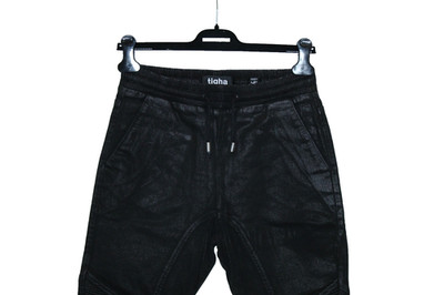 TIGHA Coated Black Denim Tapered Zipper Jeggings