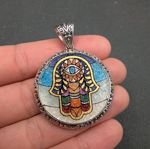 Samuel B Sterling Silver 18k Gold Bali Micro Mosaic Hamsa Evil Eye Round Pendant - Afbeelding 2 van 12