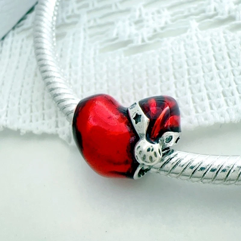 Pulsera Momento Pandor Plata 925 Metálica Roja Navidad Corazón Esmalte Dije Ajuste Foto 4 de 4