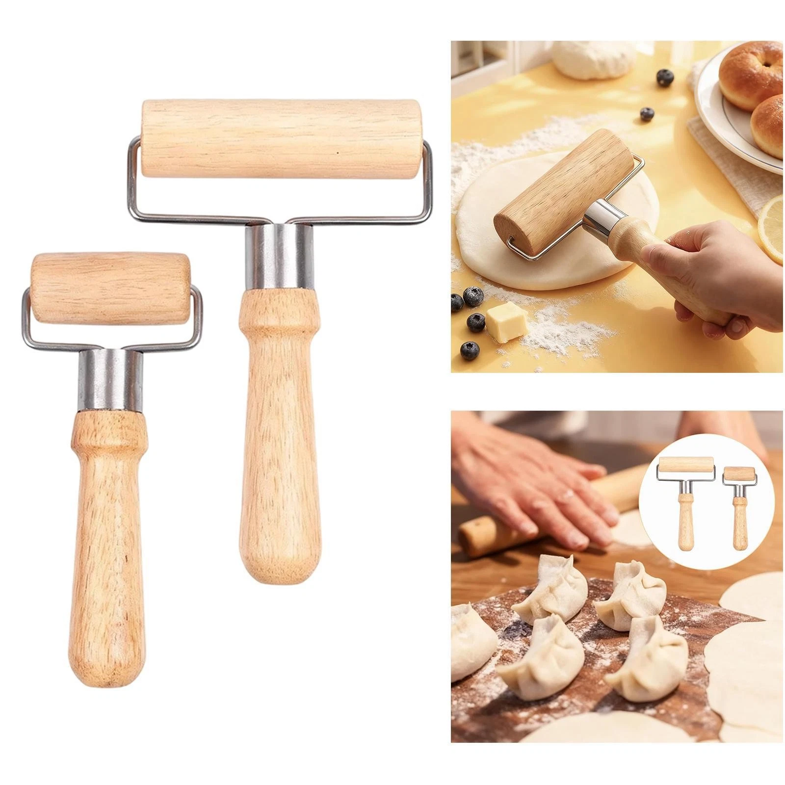 2 Pieces Wooden Rolling Pin Comfortable Handle Dough Roller for Kitchen Home