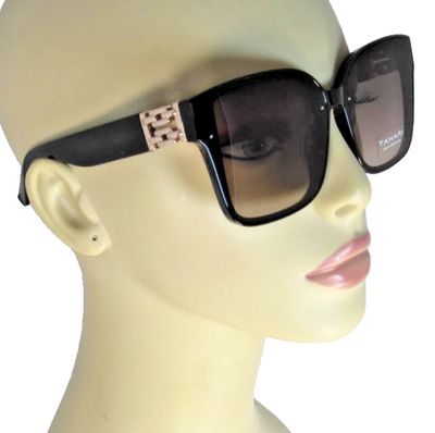 Tahari Oversized Black Plastic Sunglasses Gold Chain Accent  display picture 1