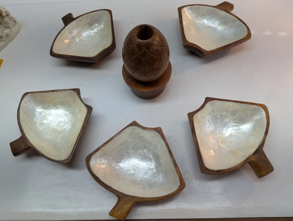 Teak Wood Lazy Susan 6 Piece Set Removable Serving Dishes Vintage - Image 2 of 4