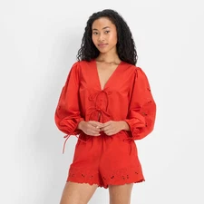 Women's Long Sleeve Eyelet Tie-Front Poplin Blouse - Future Collective Red XS