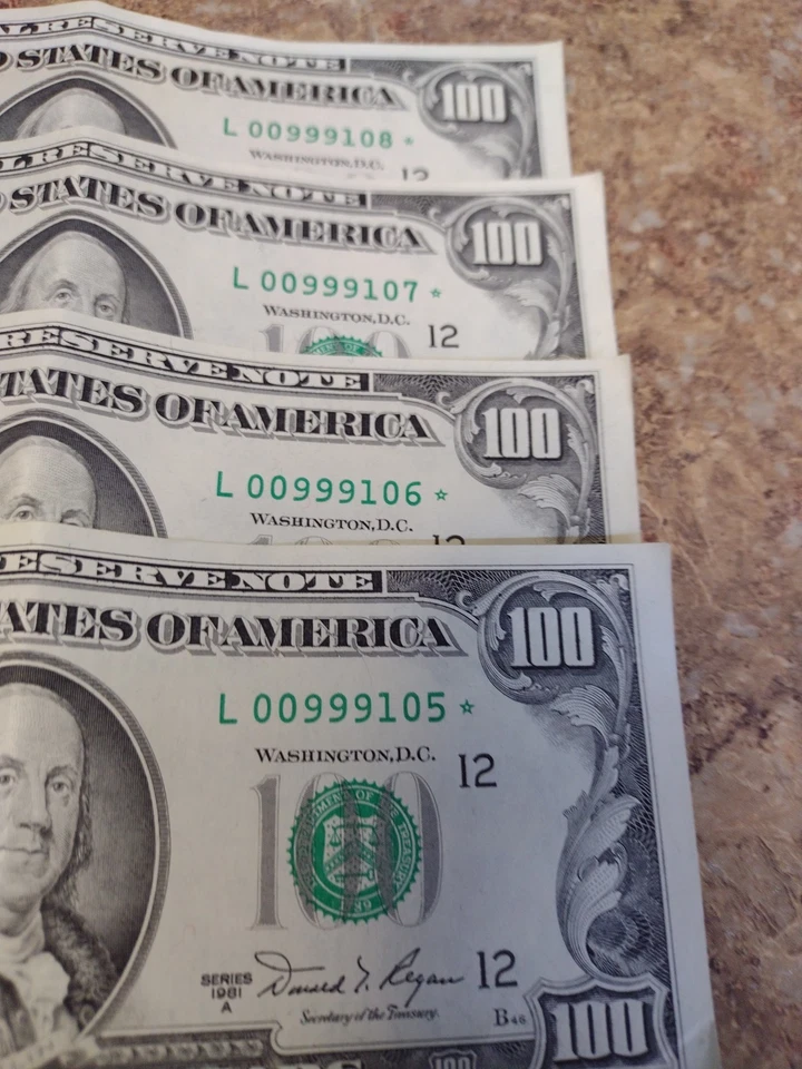 ✯FOUR Consecutive 1981 $100 Hundred Dollar Federal Reserve STAR NOTES ✯ Rare - Image 2 of 4