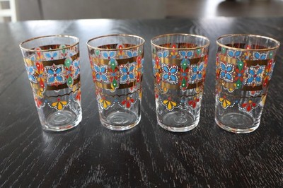 Vintage MCM Juice Glasses Set of 4 M. Missary France Floral Gold Band 8oz Retro
