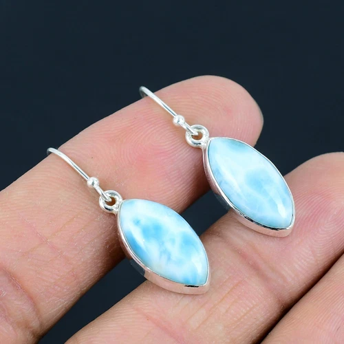 Natural Larimar Gemstone Solid 925 Sterling Silver Earrings Jewelry GiftE-3955
