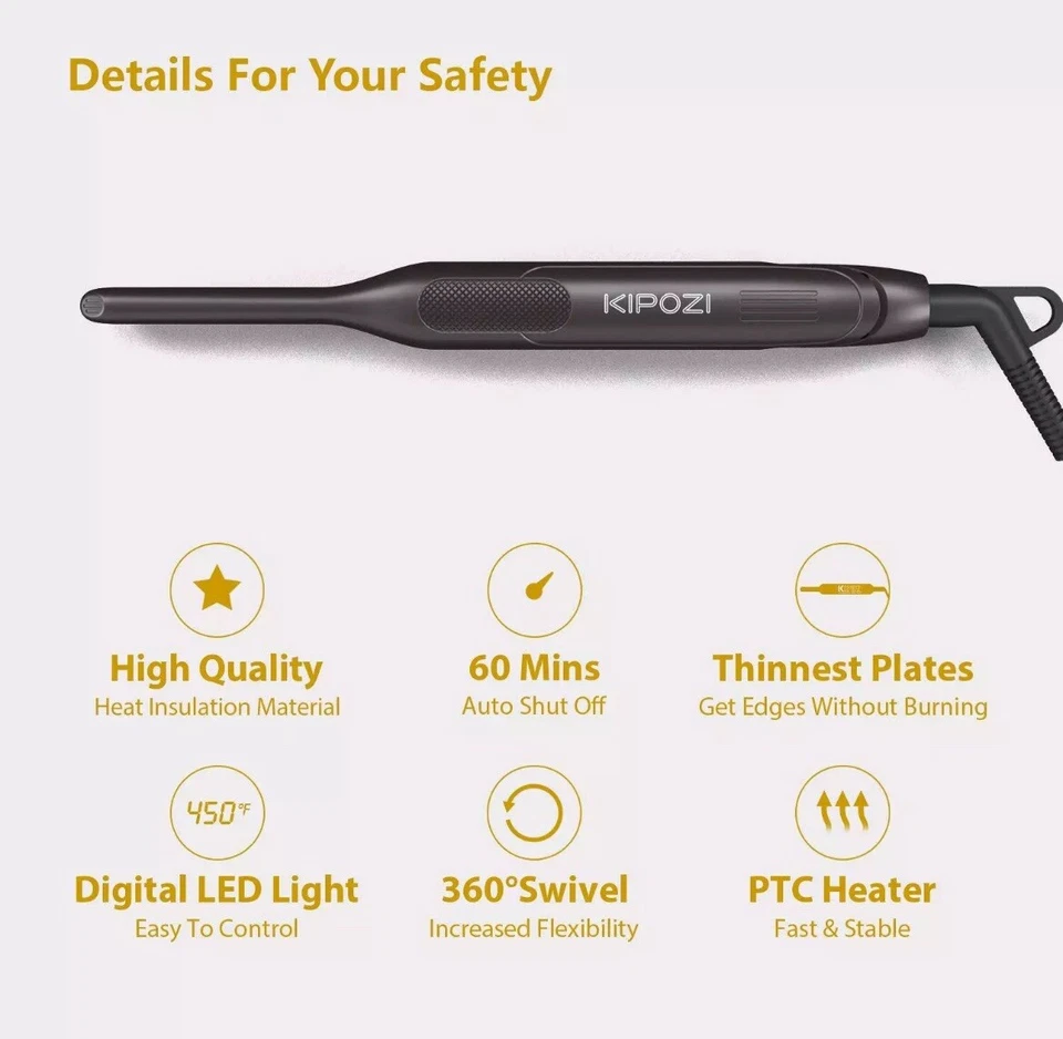 KIPOZI Pencil Flat Iron 0.3" Titanium Small Flat Iron Beard Hair Straightener US - Image 2 of 4